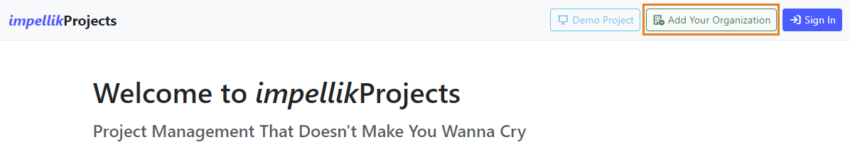 Screenshot 1: Homepage with Add Your Organization button highlighted