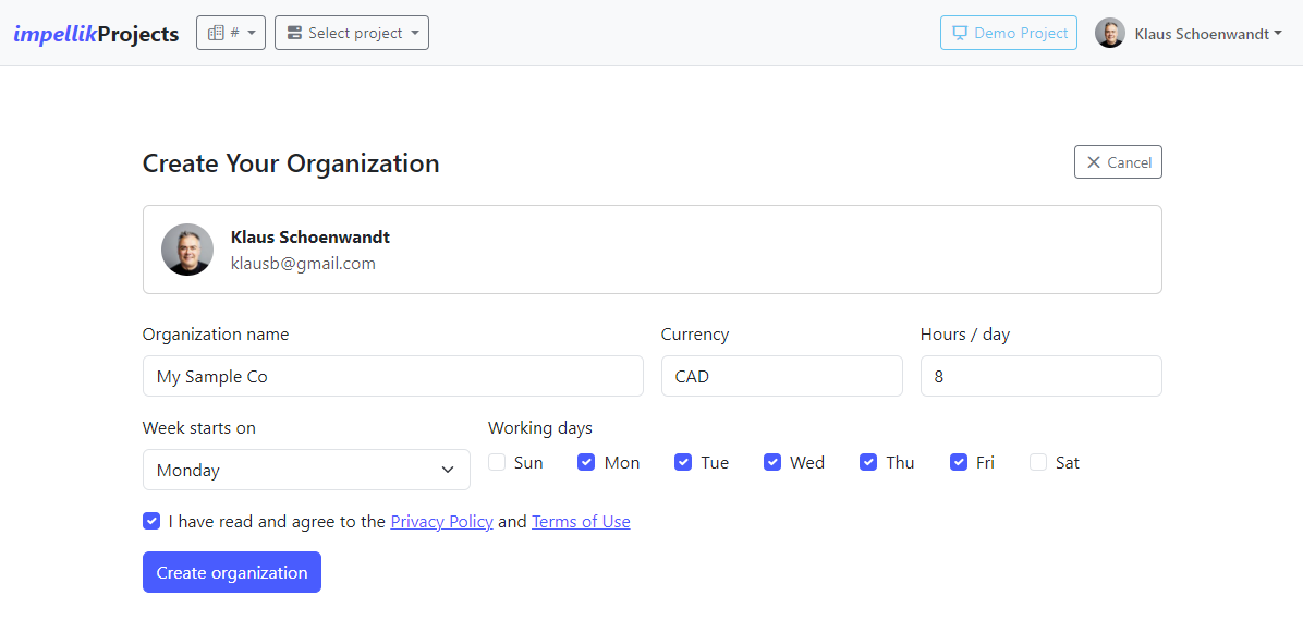 Screenshot 3: Organization creation form with fields labeled