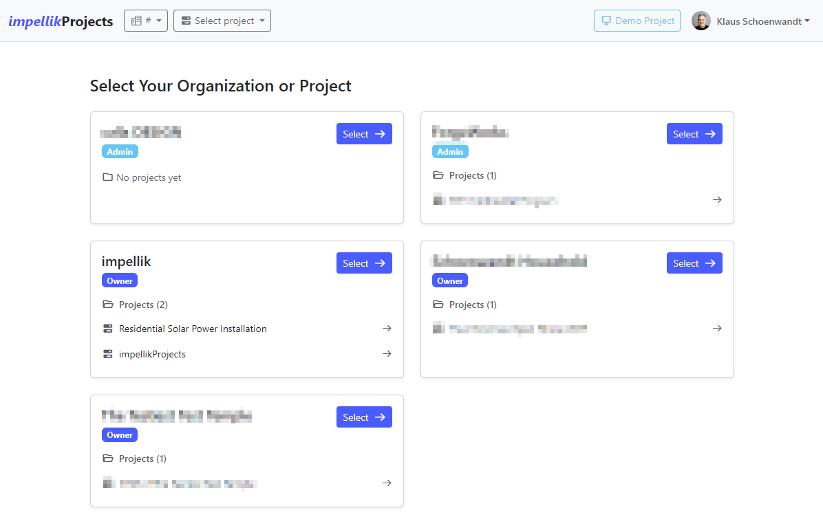 Screenshot 5: Organization picker showing multiple orgs with project counts
