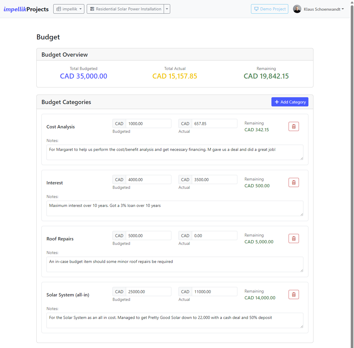 Screenshot 19: Budget page showing categories with variance calculations