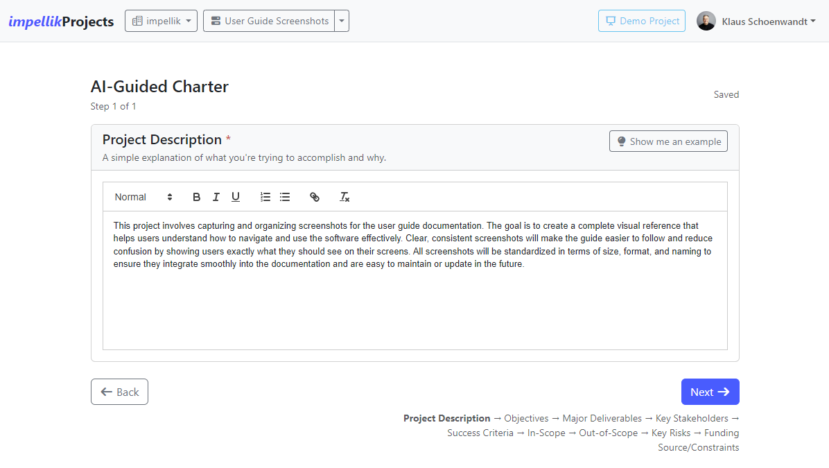 Screenshot 9: AI-Guided charter step showing Purpose topic