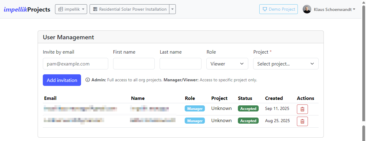 Screenshot 35: Invite user form with role and project selection
