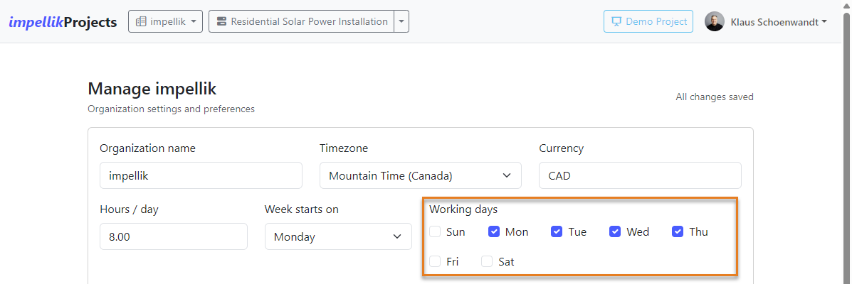 Screenshot 34: Organization settings form with working days checkboxes