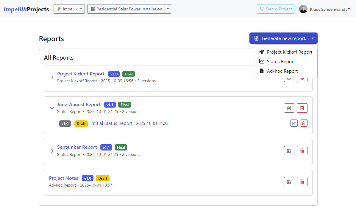 Screenshot 31: Reports page with Create Report button