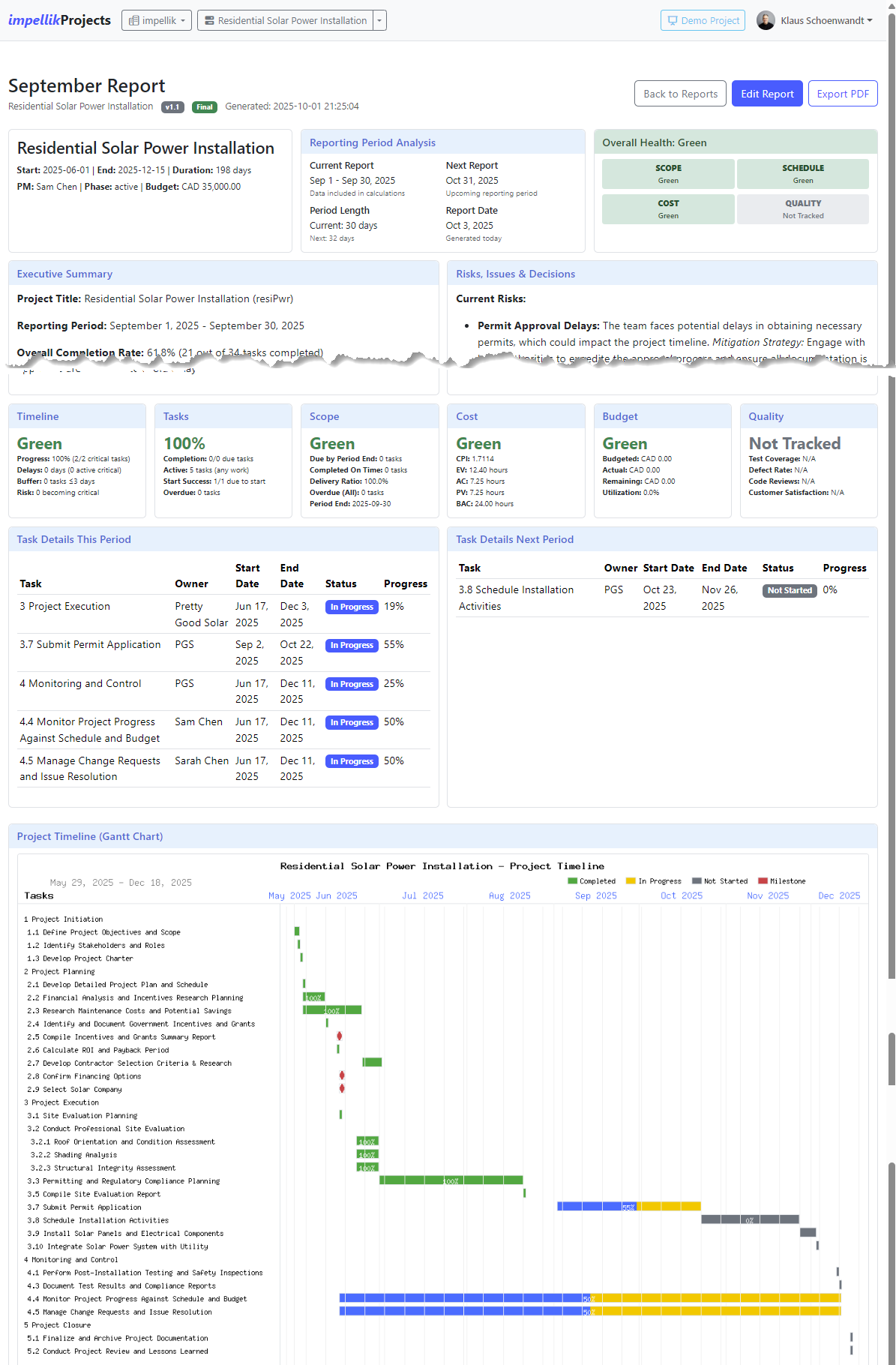 Screenshot 32: AI Status Report with health indicators and metrics