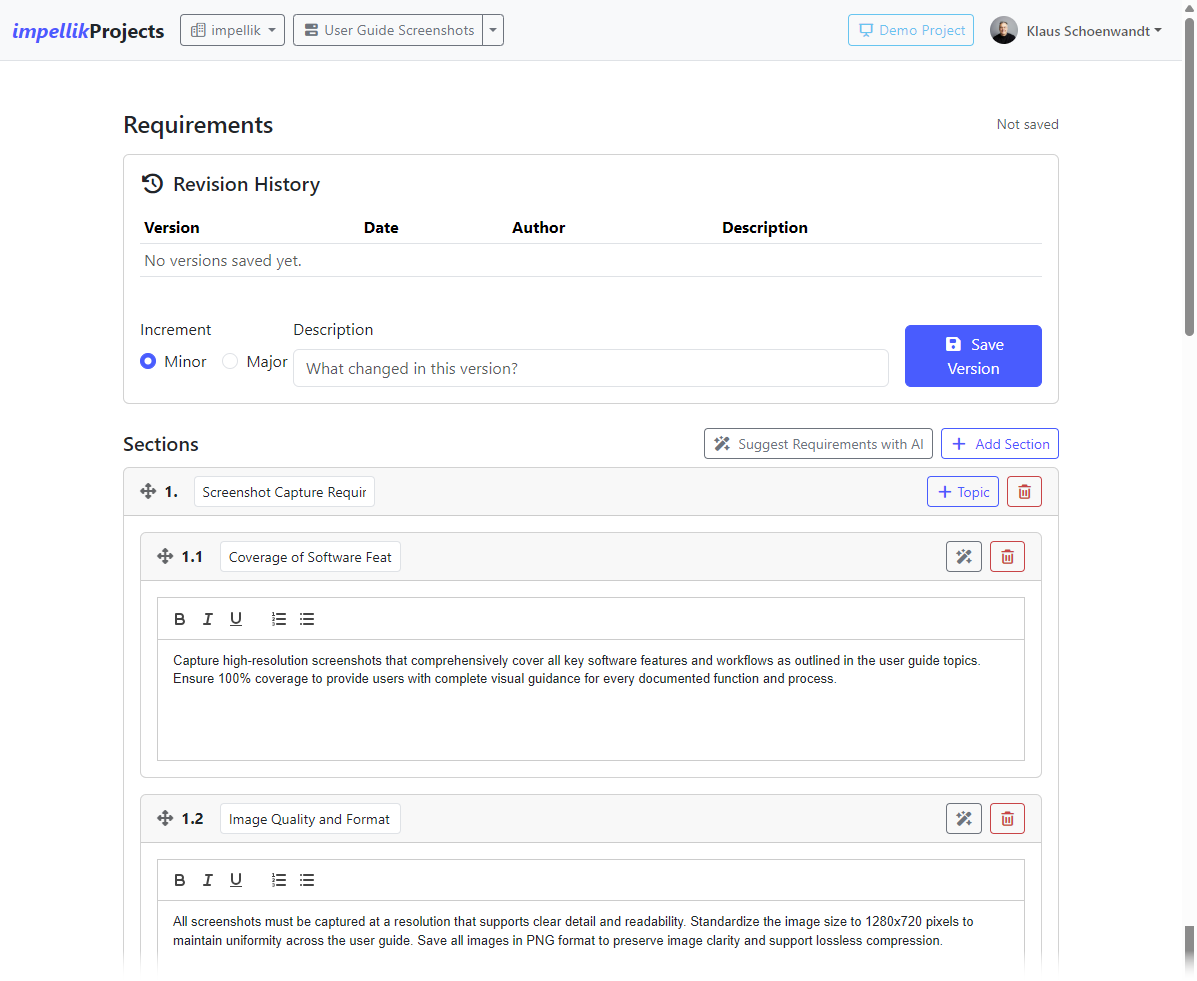 Screenshot 13: Requirements page showing AI-generated sections and topics with edit capabilities
