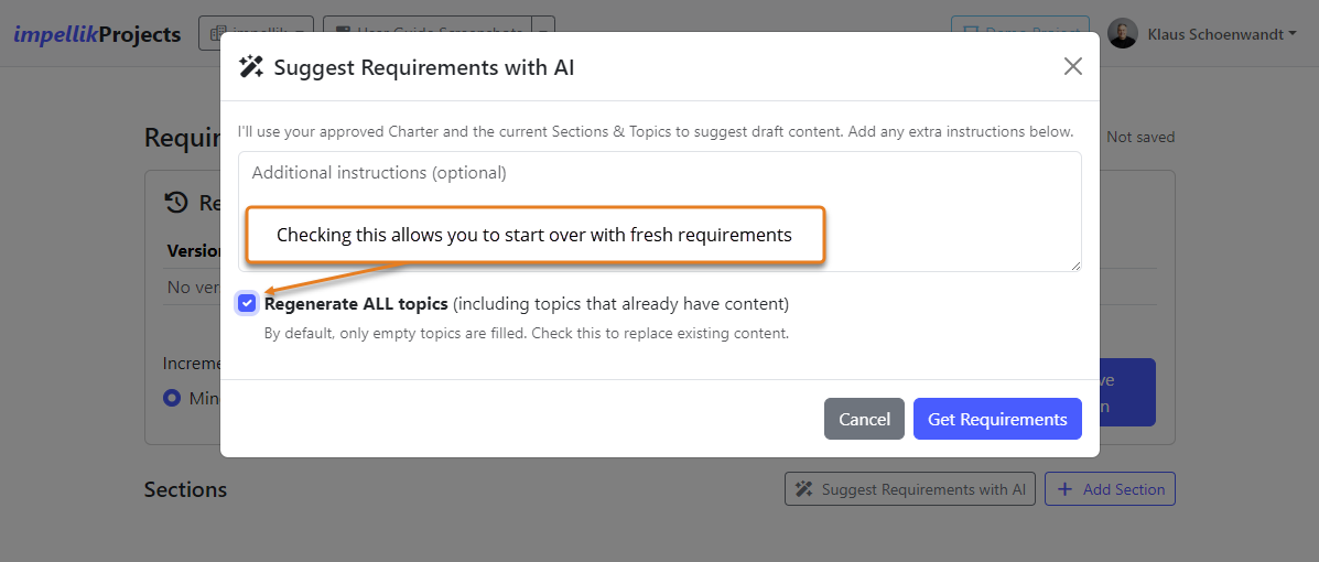 Screenshot 12: AI Suggest Requirements modal
