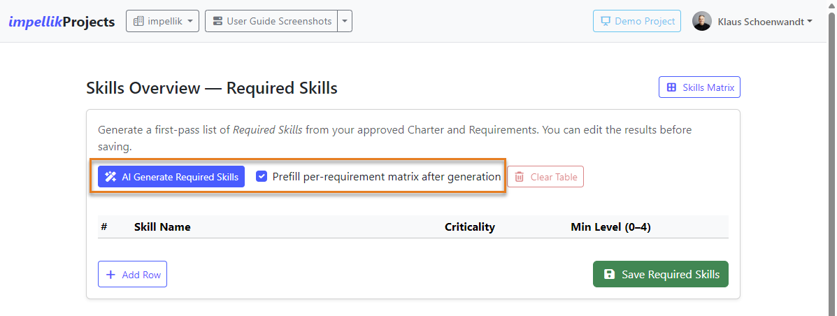 Screenshot 15: Required skills table with AI generate button
