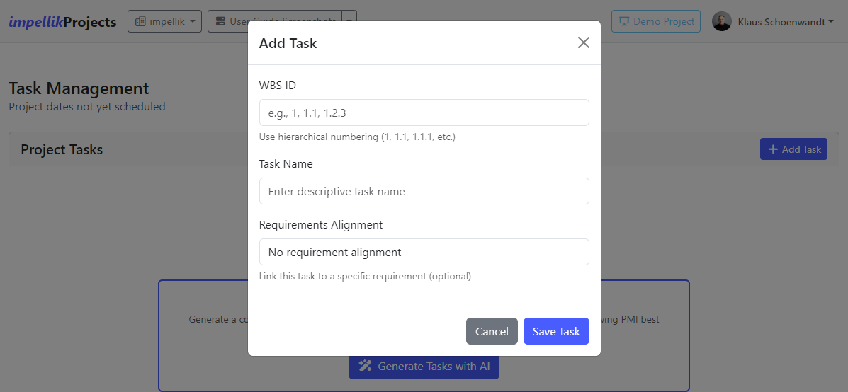 Screenshot 21: Add Task modal showing WBS ID, Task Name, and Requirements fields