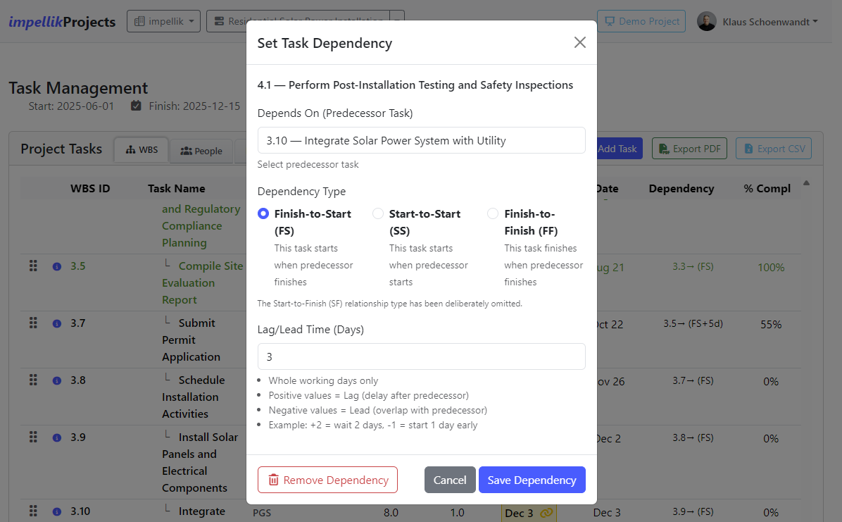Screenshot 29: Dependency modal showing predecessor selection