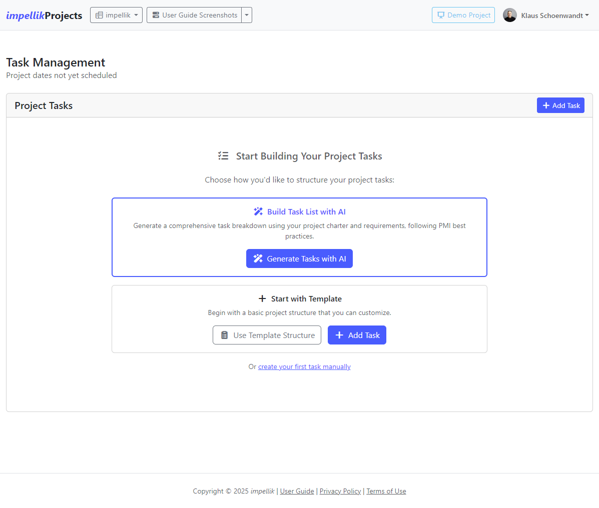 Screenshot 20: Tasks page with empty state showing AI and manual options