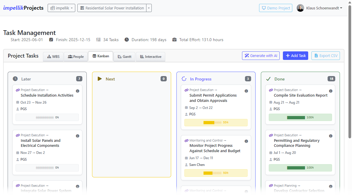 Screenshot 26: Kanban view with Later/Next/In Progress/Done columns